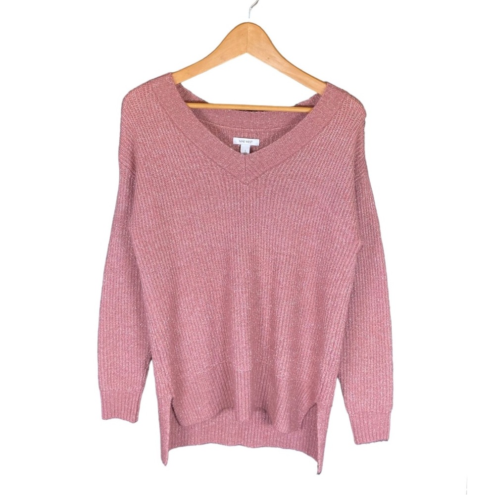 Nine West Sweater Women’s Size Small V Neck Pink Purple + Silver Knit Tunic Top